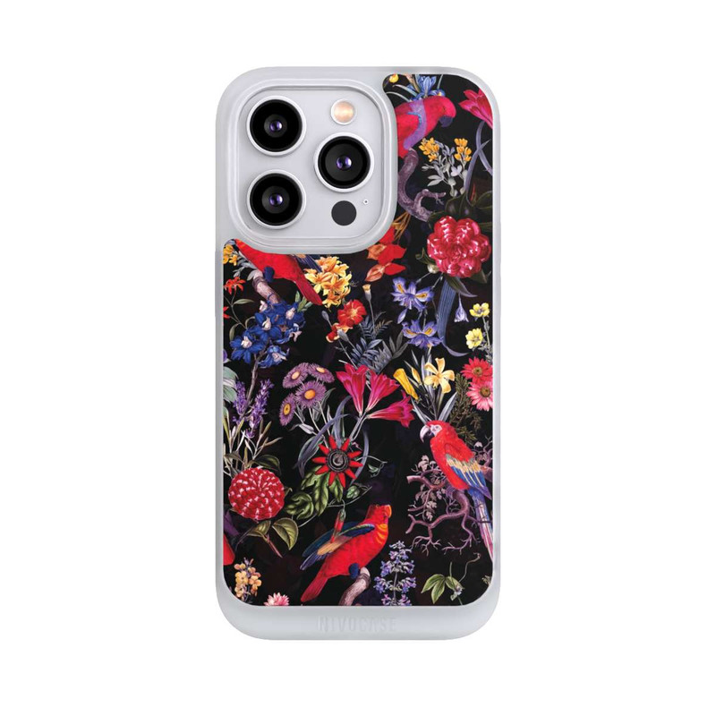 iPhone 14 Pro NIVOpure Dunkle Blumen und Papageien