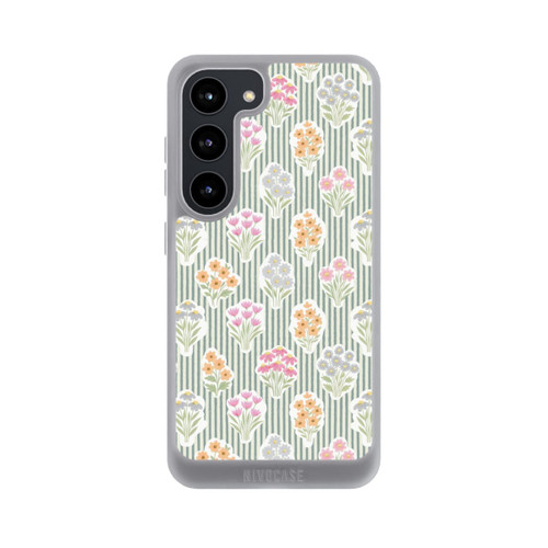 Samsung Galaxy S23 NIVOpure Ditsy Flower Sticker Bouquets on Blue and Cream Pinstripes