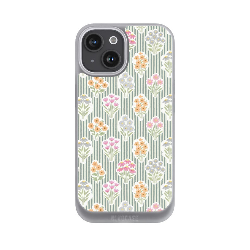 iPhone 15 NIVOpure Ditsy Flower Sticker Bouquets on Blue and Cream Pinstripes