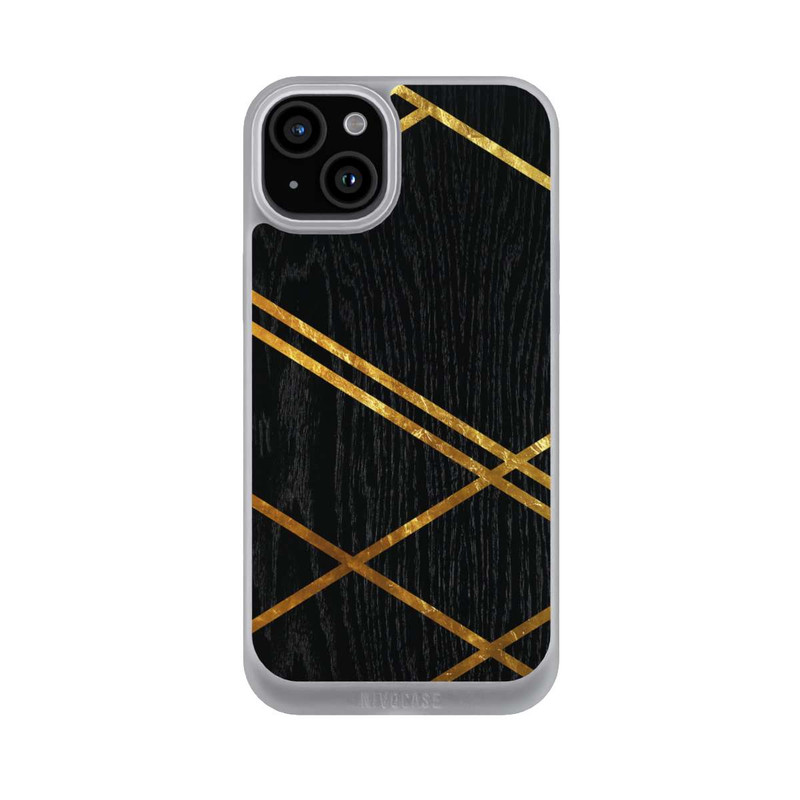 iPhone 15 Plus NIVOpure Schwarzes geometrisches Muster Goldene Streifen
