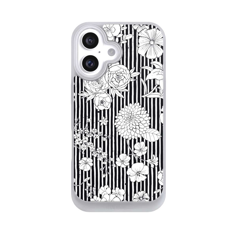 iPhone 16 NIVOpure Fleurs et rayures noir et blanc
