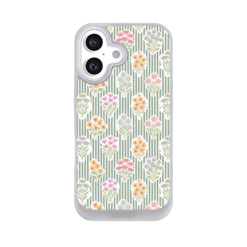 Apple iPhone 16 NIVOpure Ditsy Flower Sticker Bouquets on Blue and Cream Pinstripes