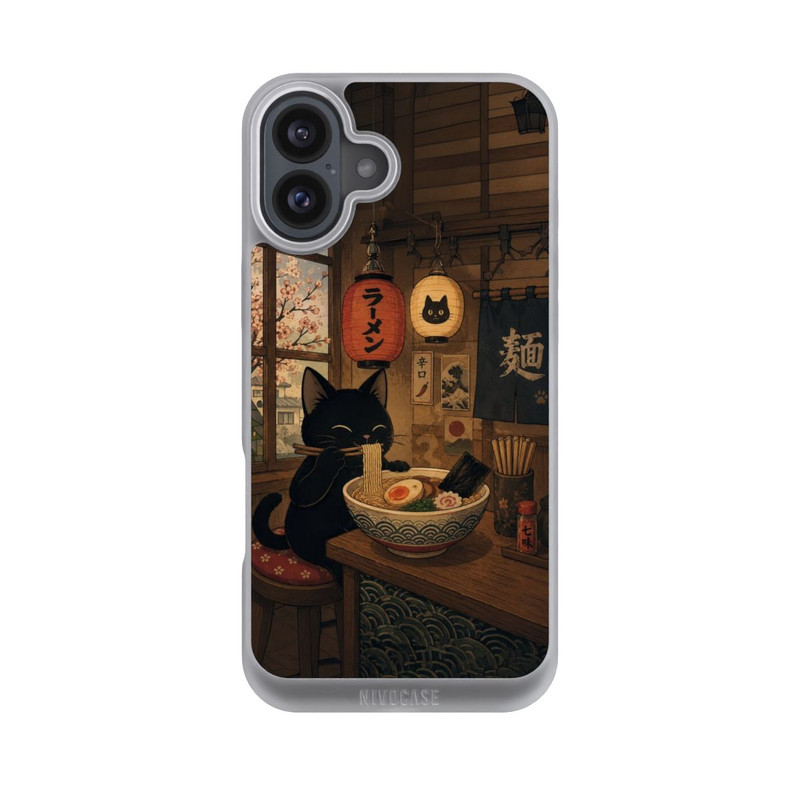 iPhone 16 Plus NIVOpure Bar à ramen avec un chat noir avec l'IA