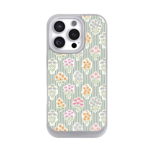Apple iPhone 16 Pro NIVOpure Ditsy Flower Sticker Bouquets on Blue and Cream Pinstripes