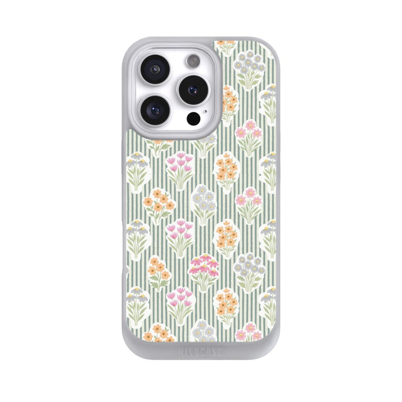iPhone 16 Pro NIVOpure Ditsy Flower Sticker Bouquets on Blue and Cream Pinstripes