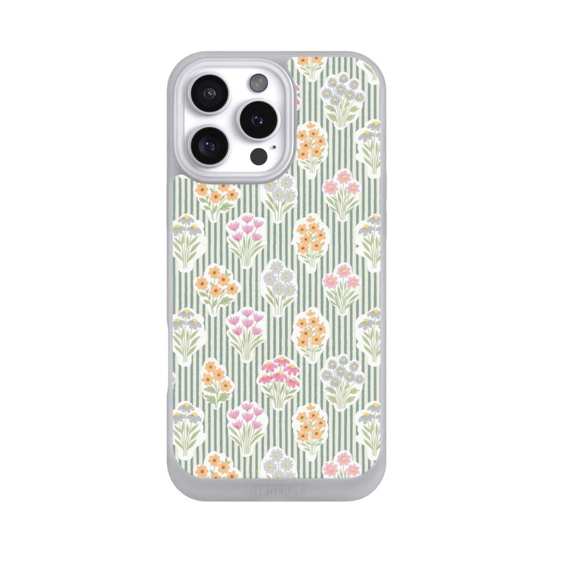 iPhone 16 Pro Max NIVOpure Ditsy Flower Sticker Bouquets on Blue and Cream Pinstripes