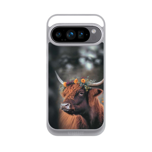 Google Pixel 9 Pro NIVOpure Vache des Highlands avec des fleurs avec IA
