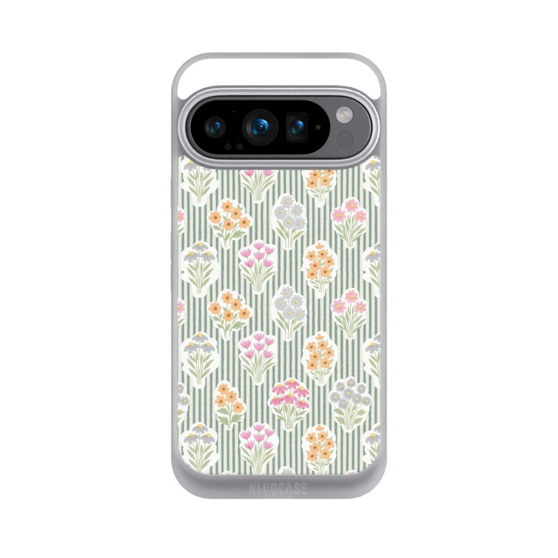 Pixel 9 Pro NIVOpure Ditsy Flower Sticker Bouquets on Blue and Cream Pinstripes