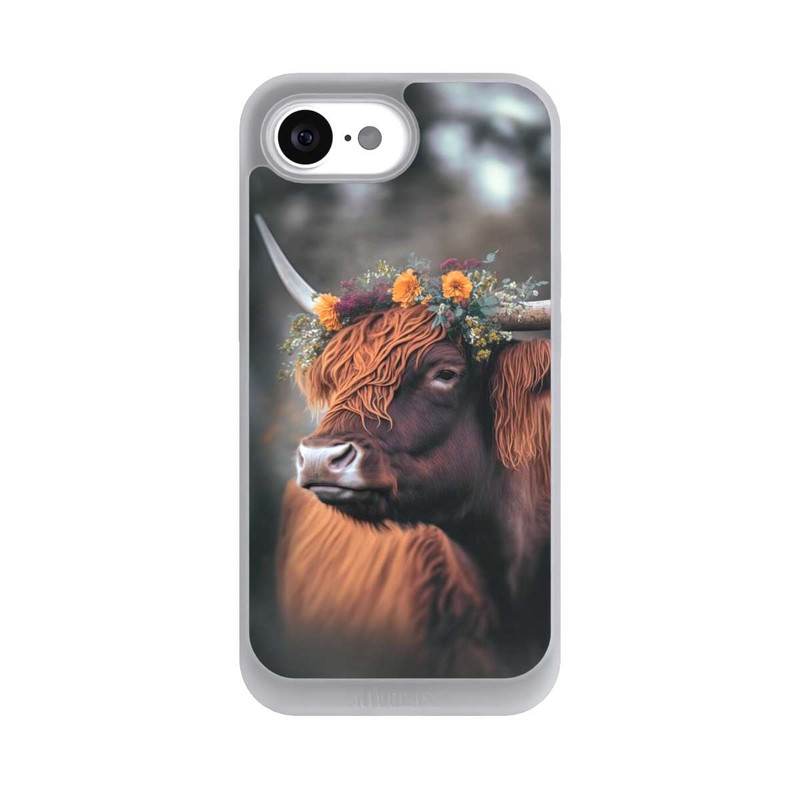 iPhone 16e NIVOpure Vache des Highlands avec des fleurs avec IA