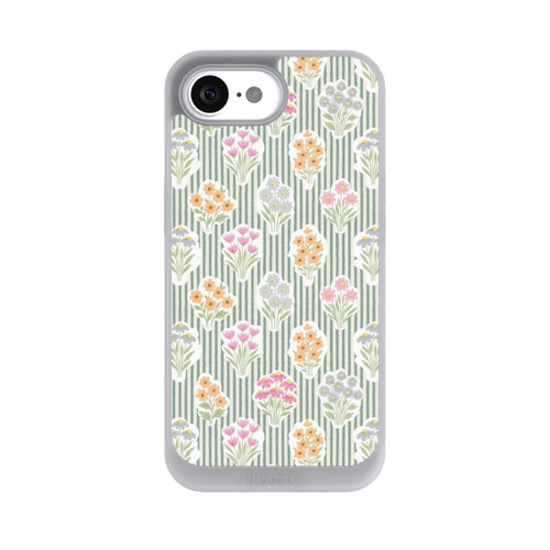 Apple iPhone 16e NIVOpure Ditsy Flower Sticker Bouquets on Blue and Cream Pinstripes