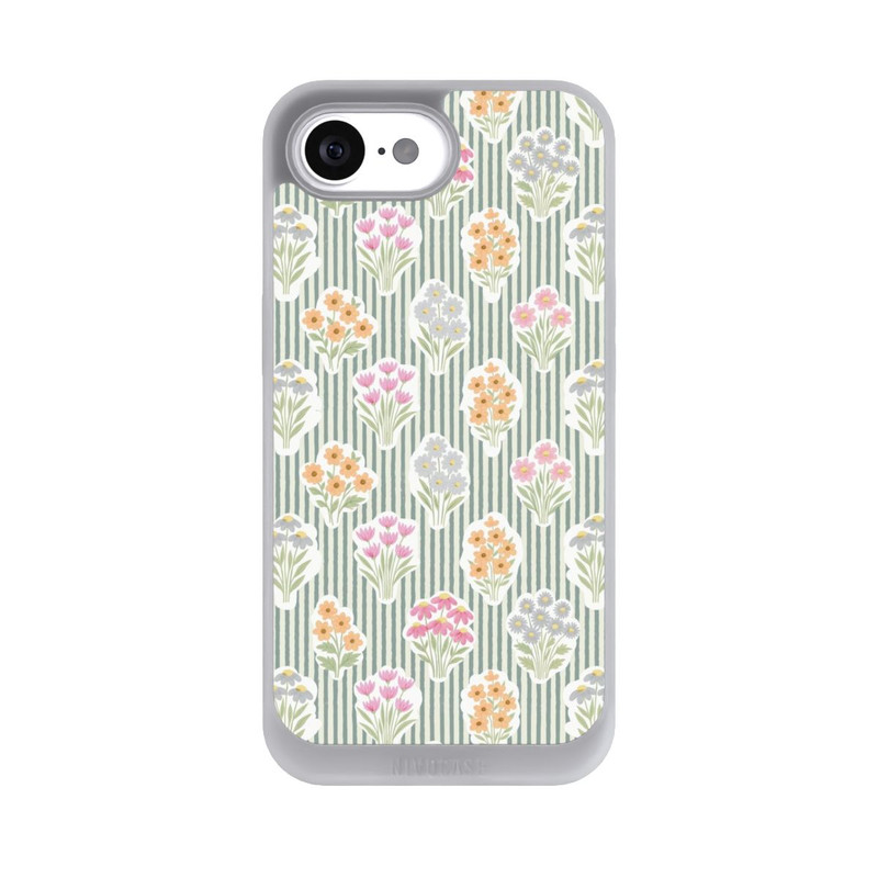 iPhone 16e NIVOpure Ditsy Flower Sticker Bouquets on Blue and Cream Pinstripes