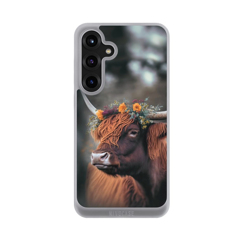 Galaxy S25 + NIVOpure Vache des Highlands avec des fleurs avec IA