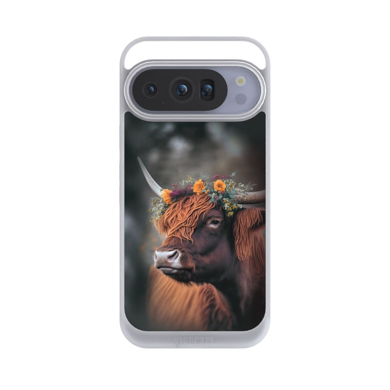 Pixel 10 Pro NIVOpure Vache des Highlands avec des fleurs avec IA