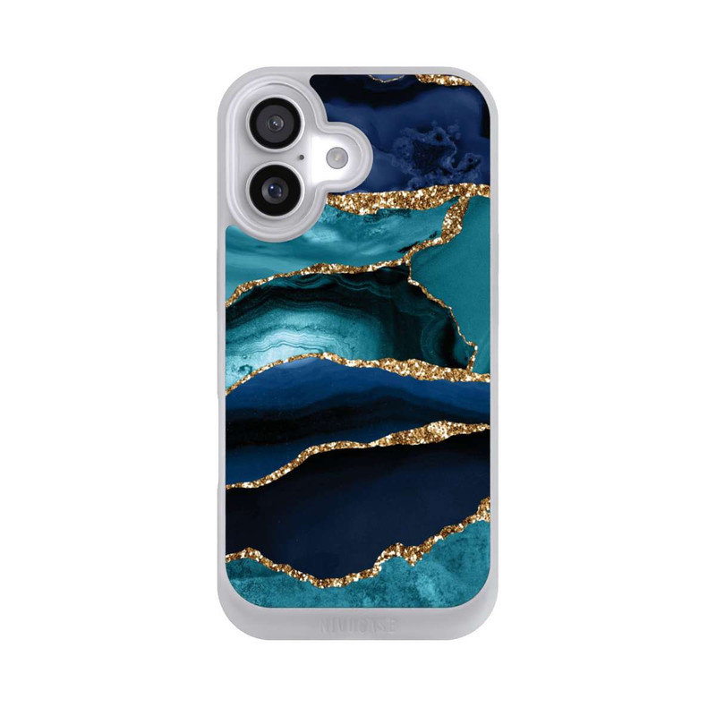 iPhone 17 NIVOpure Aspect pailleté doré marbré bleu foncé et bleu clair