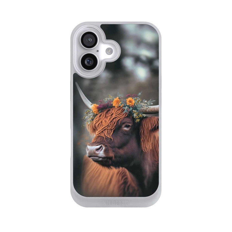 iPhone 17 NIVOpure Vache des Highlands avec des fleurs avec IA