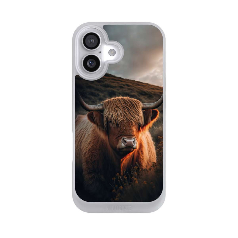 iPhone 17 NIVOpure Vache Highland avec de grandes cornes avec IA