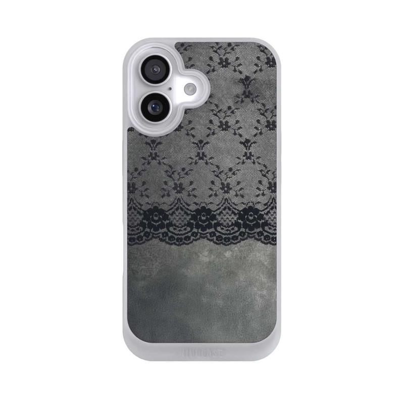 iPhone 17 NIVOpure Schwarzes Spitzenmuster auf grauem Hintergrund