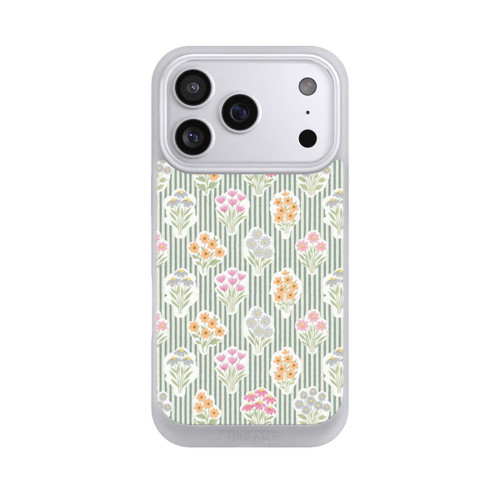 Apple iPhone 17 Pro NIVOpure Ditsy Flower Sticker Bouquets on Blue and Cream Pinstripes