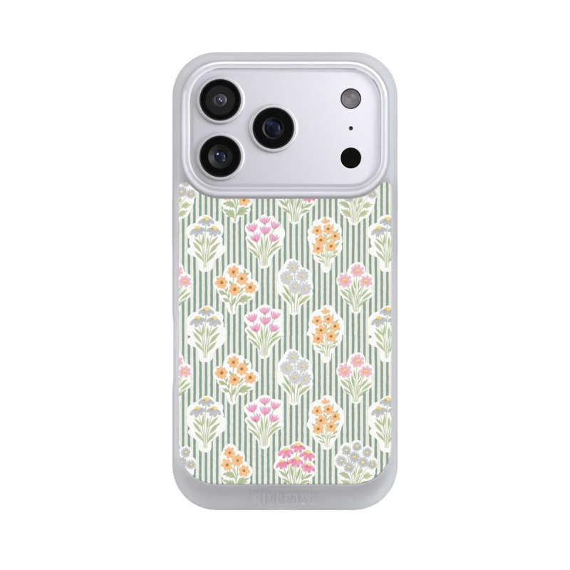 iPhone 17 Pro NIVOpure Ditsy Flower Sticker Bouquets on Blue and Cream Pinstripes