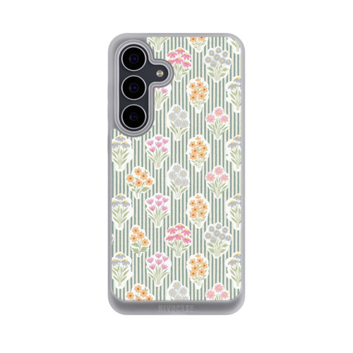 Samsung Galaxy S25 FE NIVOpure Ditsy Flower Sticker Bouquets on Blue and Cream Pinstripes