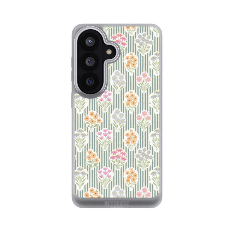 Galaxy S26 NIVOpure Ditsy Flower Sticker Bouquets on Blue and Cream Pinstripes