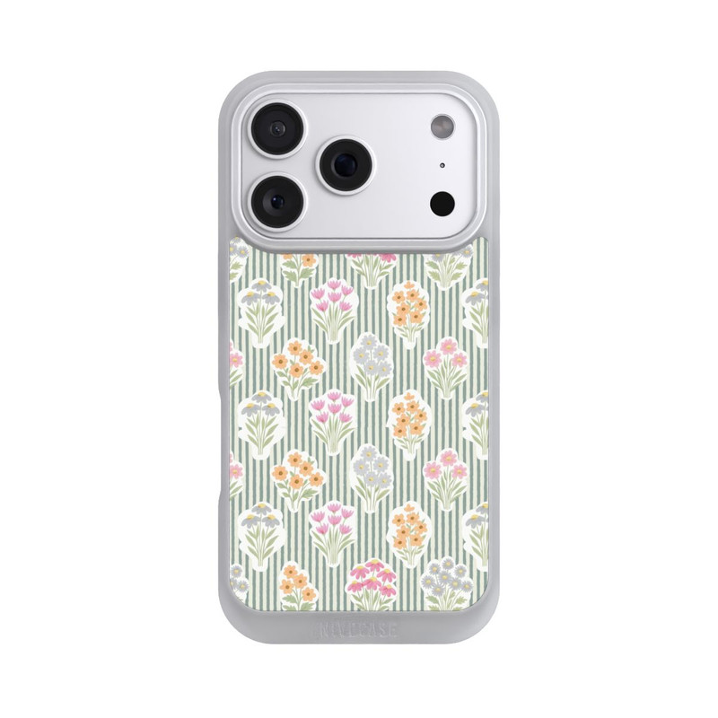 iPhone 18 Pro NIVOpure Ditsy Flower Sticker Bouquets on Blue and Cream Pinstripes