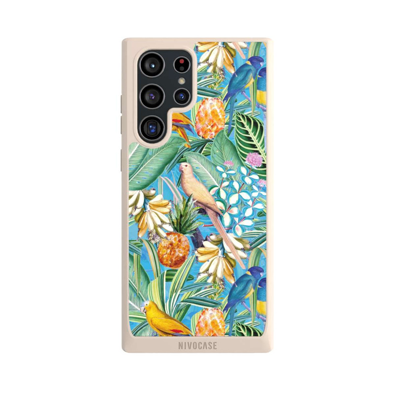 Galaxy S22 Ultra NIVOpure Tropische Papageien auf blauer Tapete