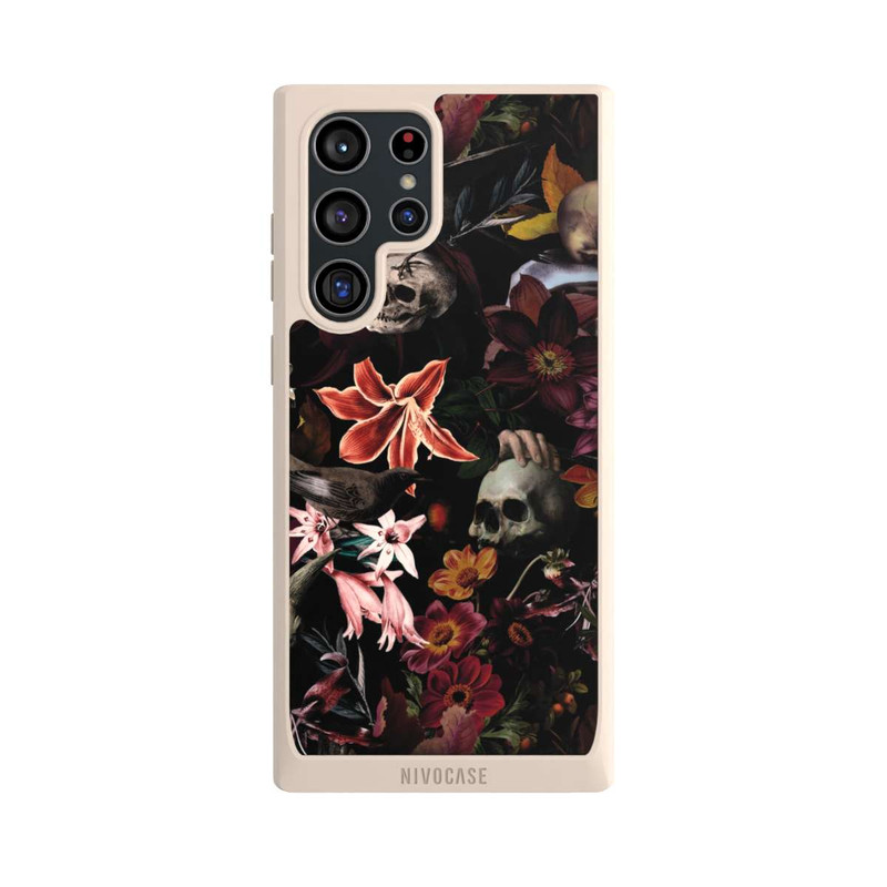 Galaxy S22 Ultra NIVOpure Totenköpfe und Blumen auf dunklem Hintergrund