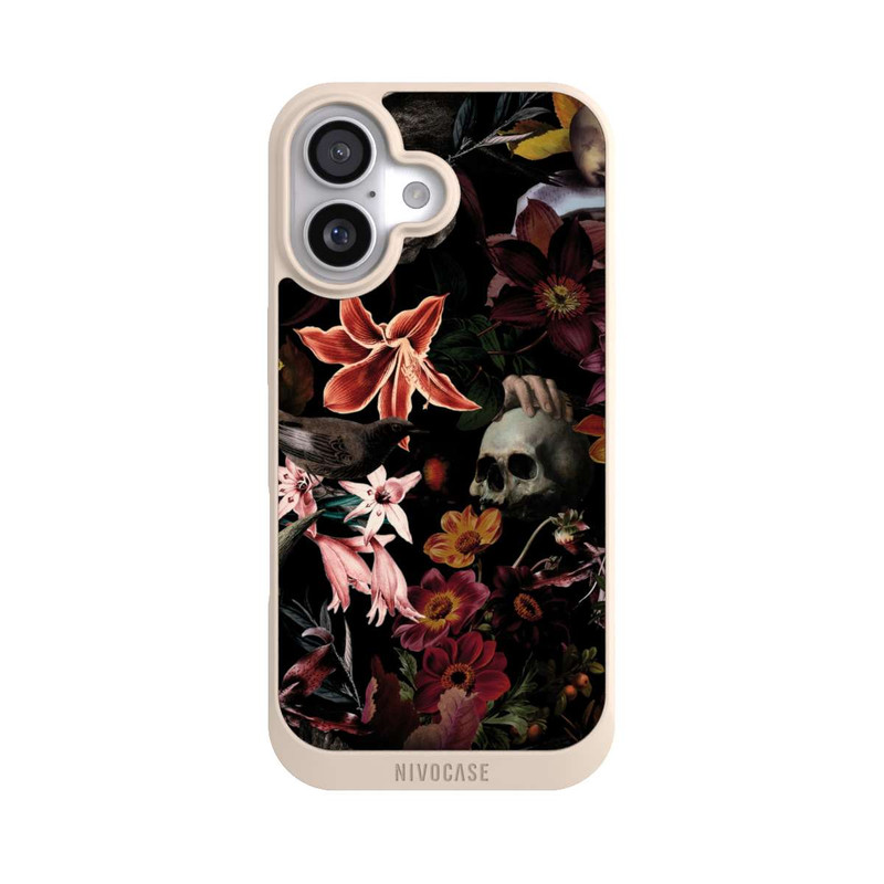 iPhone 17 NIVOpure Totenköpfe und Blumen auf dunklem Hintergrund